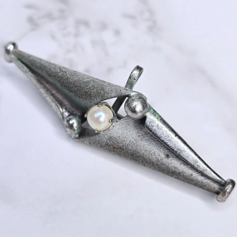 Vintage Carl-Art Sterling Silver Pearl Modernist Atomic Brooch CA Arrow Signed
